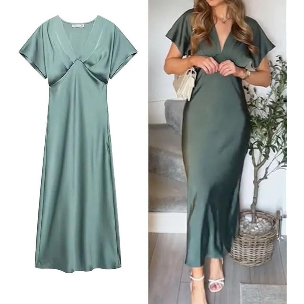 RIHOAS Green Satin V-Neck Flutter Short Sleeve Pleated Midi Dress Size M